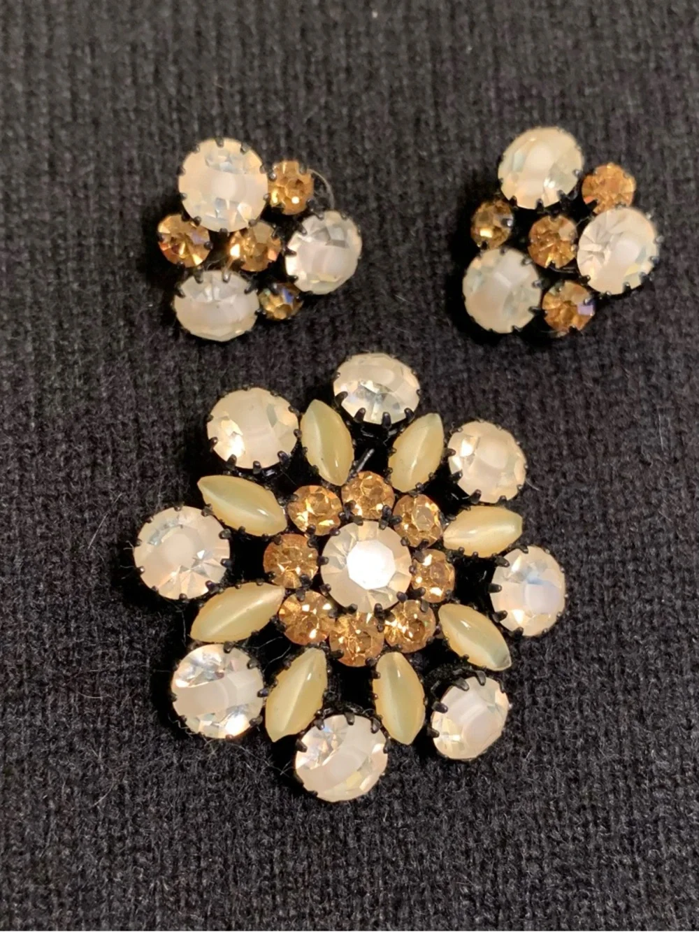 Vintage Austrian Opalescent and Amber Crystal Floral Brooch Set Black Metal